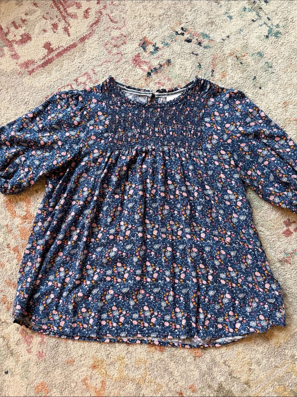 Knox Rose Navy Smocked Blouse with Pink & Orange Floral Print